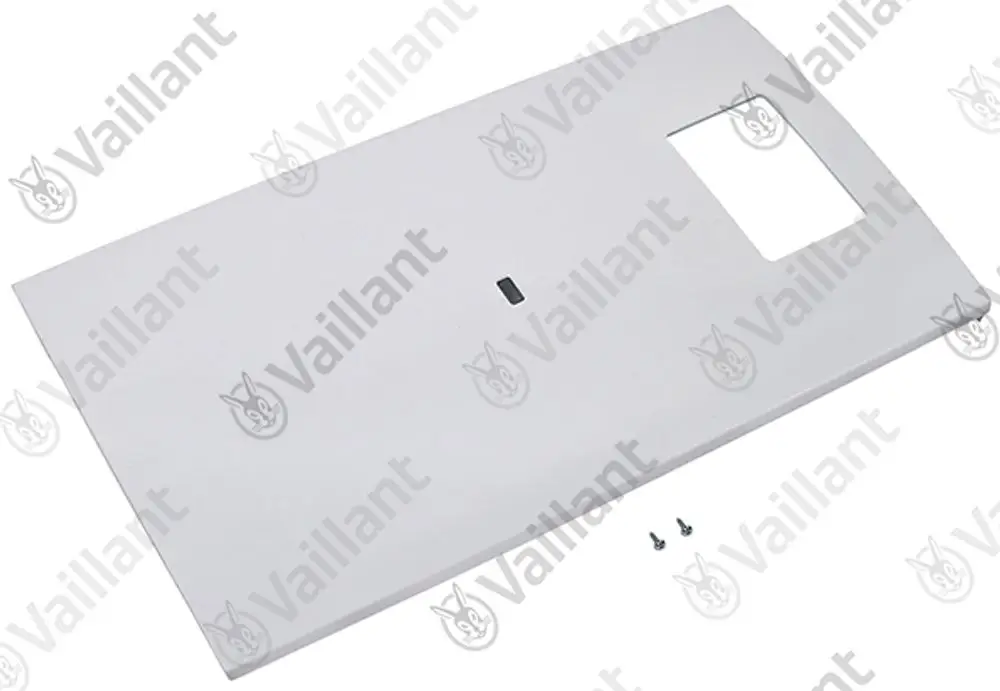 Vaillant Frontblech in Weiß mit Ausschnitten und zwei Schraubenbereitungen, geeignet für spezifische Heizgeräte montiert.